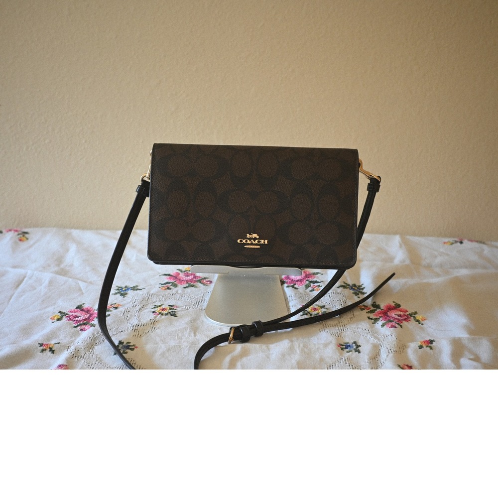 Coach Signature Canvas Flap Crossbody Bag Brown Black Gold Hardware